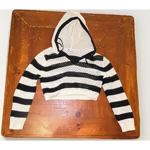 Zara Cropped Hoodie Sz LargeSweater Black White Stripe Open Knit Mesh Pullover
